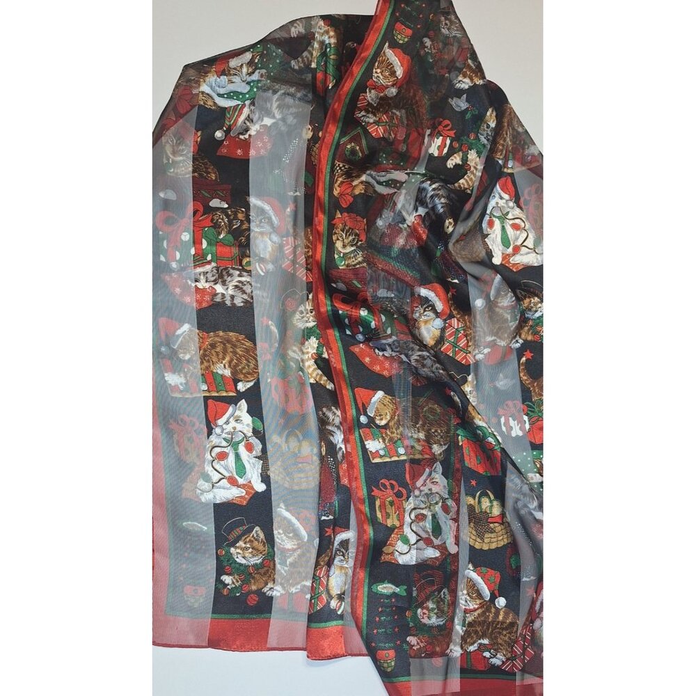 crazy lady Christmas Cat sheer scarf 58 X13 inches cats in Santa hats.